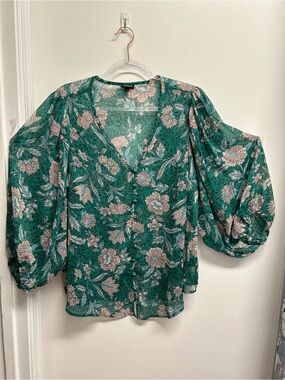 torrid Emerald Green Floral Button-Front Puff Sleeve Blouse